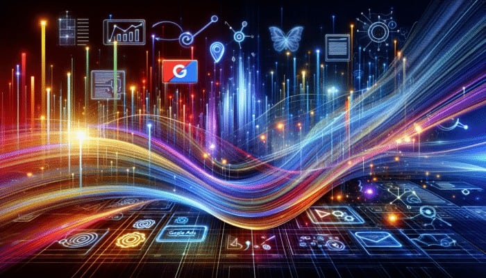 A digital screen showing a graph of clicks and conversions with Google Ads and Bing Ads icons, illustrating PPC advertising's impact on website traffic.