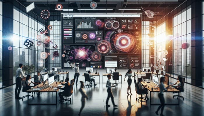 A modern website design studio with vibrant screens showcasing user-centric layouts, enhancing engagement.