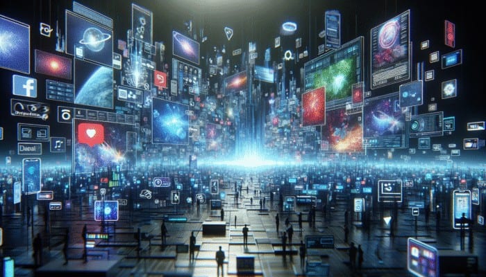 A futuristic digital landscape with vibrant ads and real-time data analytics for targeted online advertising.