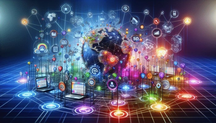 Digital Marketing Services Near Me: A vibrant digital landscape illustrating SEO, social media, and devices converging to engage audiences.