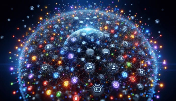 A digital landscape showing interconnected websites, vibrant backlinks, and glowing social media icons enhancing a site's SEO authority.