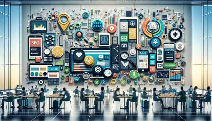 Digital Marketing for Hospitals: A modern hospital website on mobile devices, loading quickly with optimized images and clear content, enhancing patient engagement and SEO.