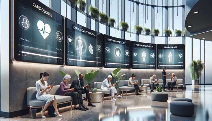 Modern hospital lobby with digital screens showing targeted medical service ads, diverse patients engaging with tailored social media ads on smartphones.