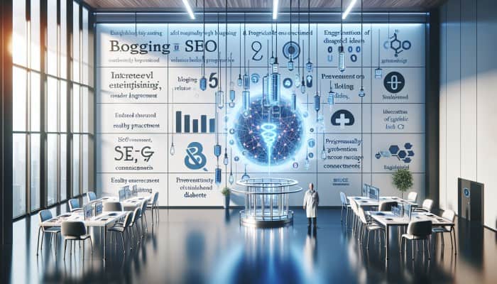 Modern hospital setting with a blog screen displaying articles on flu prevention, diabetes, SEO keywords, and engagement graphs.