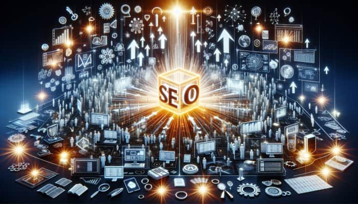 A glowing website surrounded by SEO icons and upward arrows, symbolizing enhanced online visibility and business growth.