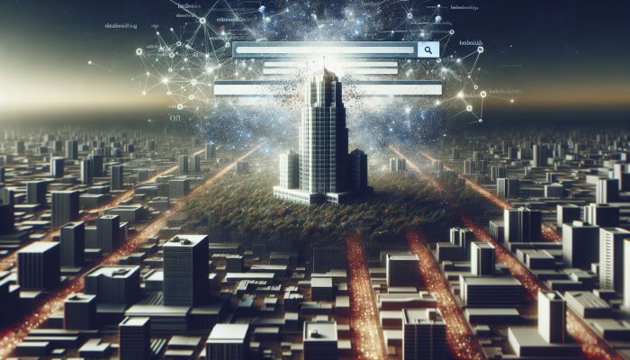 A skyscraper labeled "Brand Credibility" dominates smaller buildings, symbolizing SEO authority and trust in search results.