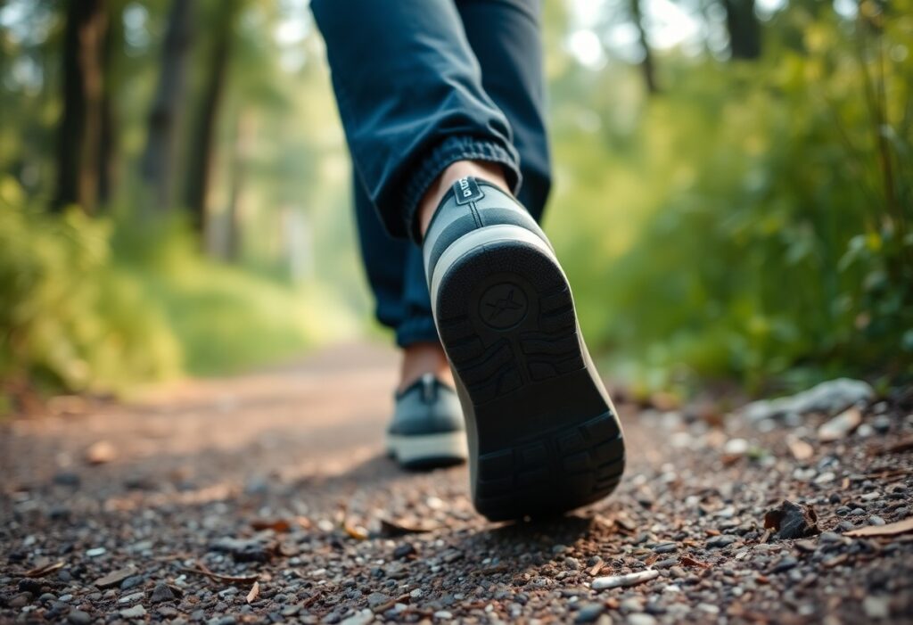 A close-up view of a person walking on a gravel path in a forest, showcasing the sole of one shoe and the lower part of their pants. The surroundings are lush and slightly blurred.