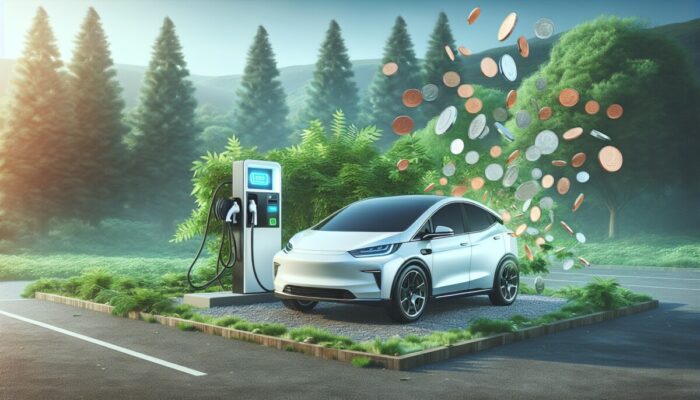 A modern electric vehicle charging in a lush setting, showcasing cost savings.