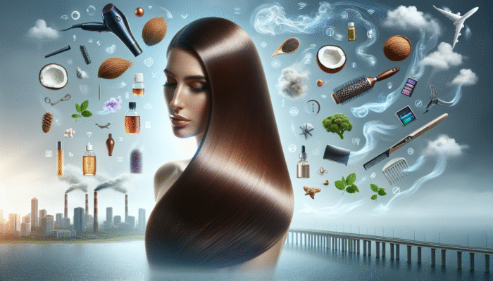 Woman showcasing her repaired, shiny hair using coconut and argan oil, protected from environmental stressors and styling tools.