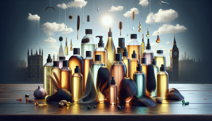 An array of hair oils on a wooden table, labeled with benefits, tailored for various hair types, with a backdrop reflecting the UK weather.