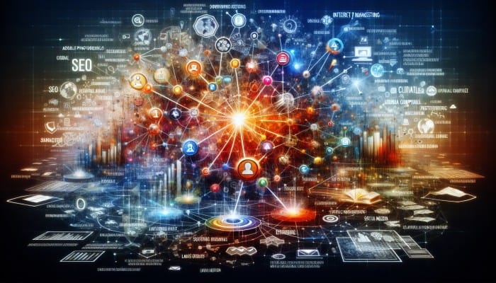 A digital landscape showing interconnected nodes of SEO, social media, and email campaigns engaging a global audience.