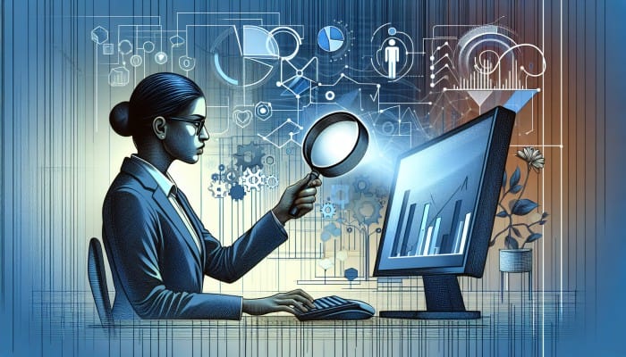 A person analyzing Google PPC campaign data on a computer with charts and graphs in an office.