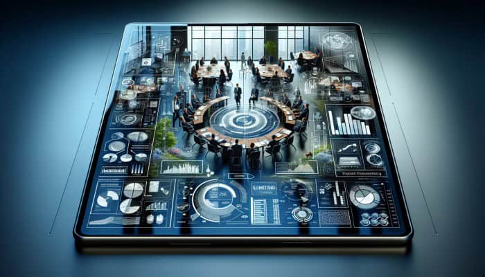 Digital Marketing Quotation: A modern tablet displaying a digital marketing proposal, surrounded by charts and graphs in an office setting.