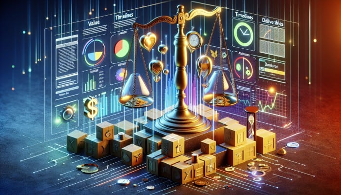 A digital marketing quote with clear headings, bullet points, focusing on value, pricing, timelines, deliverables, fostering trust.