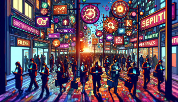 A busy street with various business signs attracting the attention of smartphone-using customers through Google Business Categories.
