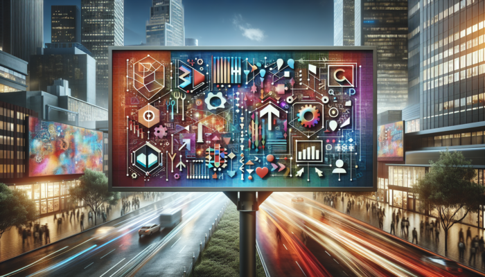 A digital billboard showcasing Google Business Categories with strategic selection and audience targeting analytics in an urban setting.