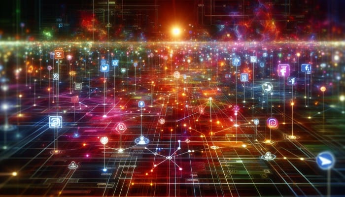 Best Digital Marketing: A vibrant digital landscape showing interconnected pathways of social media and search engines, each glowing with unique strengths.