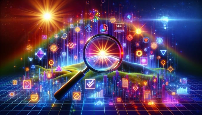 A vibrant digital scene with SEO graphs, search icons, and a magnifying glass on an optimized webpage.