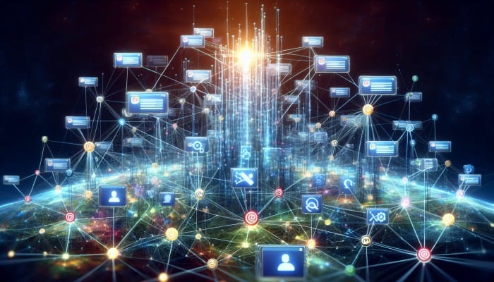 A digital landscape with interconnected nodes, glowing backlinks, and vibrant social signals enhancing a central domain.