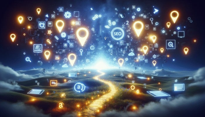 A digital landscape with search engine icons, keywords, and content strategies illustrating innovative SEO for online visibility.