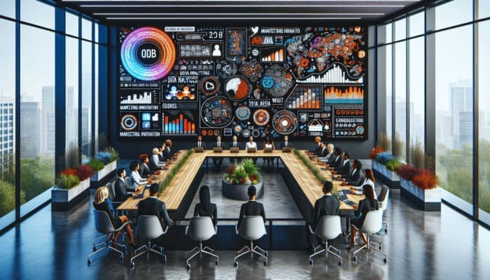 A modern office with digital screens, team collaboration, and social media logos on display.