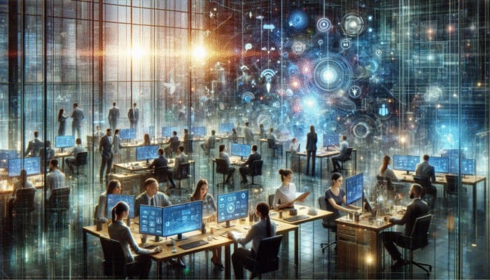 A diverse team in a modern office using technology for exceptional customer support and clear communication.