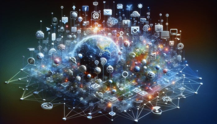 Small Business Internet Marketing: A dynamic digital landscape with nodes representing social media, email, and search engines, symbolizing internet marketing channels.