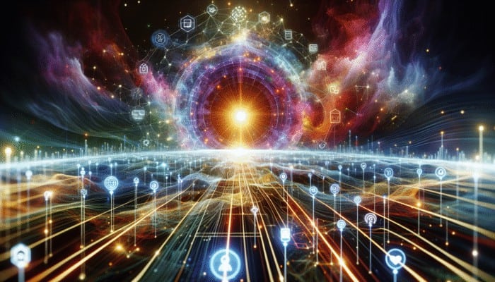 A glowing website surrounded by social media icons and data streams, symbolizing a robust online presence.