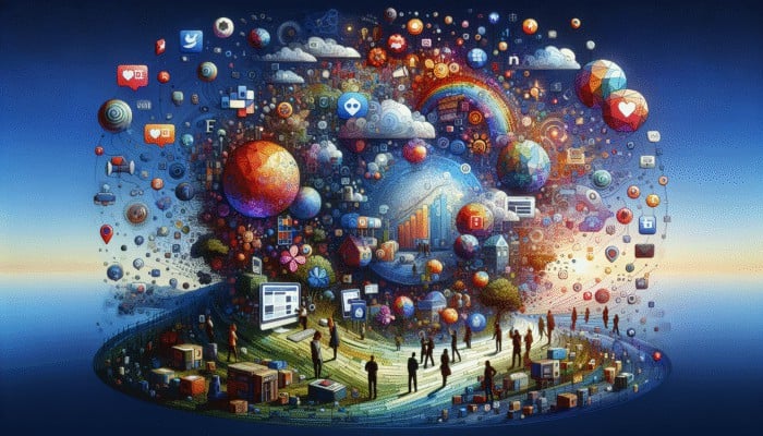 A vibrant digital landscape showing a small business website and social media icons updating with fresh content, symbolizing growth in internet marketing.