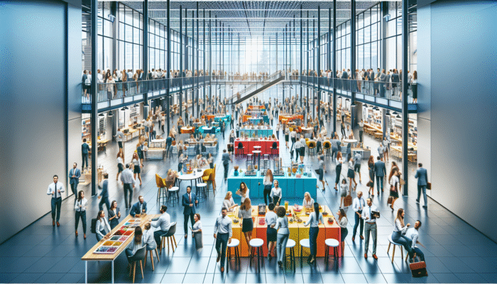 A lively employee sale event in a modern office with staff browsing discounted high-quality items, boosting morale.