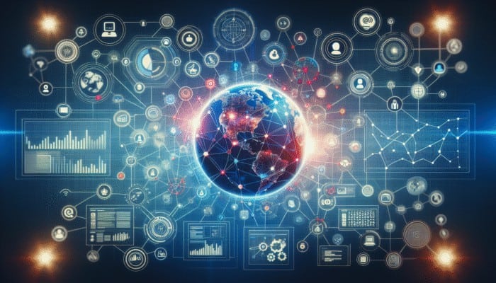 Top Digital Marketing Agencies: A vibrant digital strategy map with nodes for brand identity, demographics, and trends on a global backdrop.
