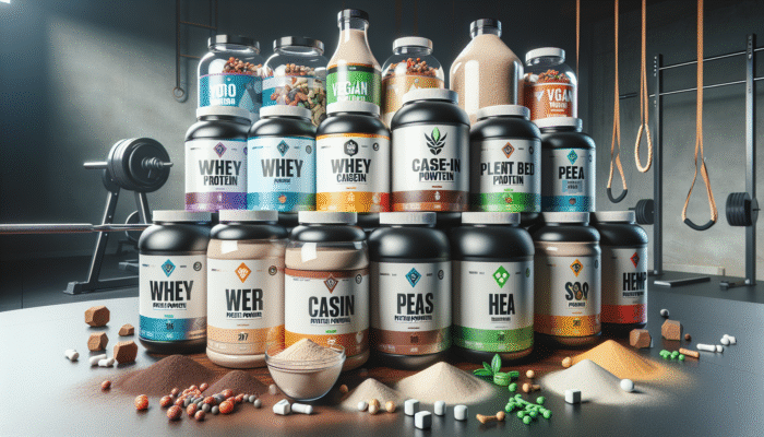 A diverse selection of protein powders displayed on a table, including whey, casein, and plant-based options alongside gym equipment and vegan symbols.