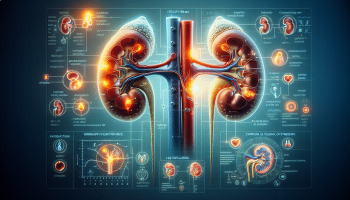 Illustration of kidneys displaying health indicators like GFR, creatinine levels, urine protein, and symptoms such as fatigue, leg swelling, and changes in urination.