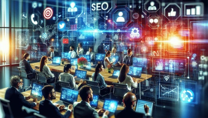 Top Marketing Agencies: A bustling digital marketing office with screens showing social media and SEO data, professionals strategizing.