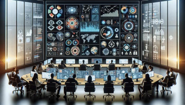 A modern marketing agency's control room with screens showing real-time data, CRM interfaces, and growth charts; team collaborating around a holographic display.