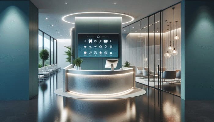 Digital Marketing for Dentists: Modern dental lobby with touchscreen interface showing services and contact info, enhancing patient engagement.