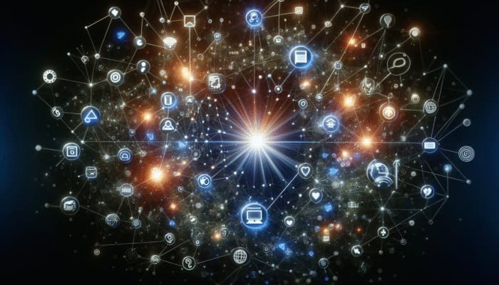 Online Marketing Business: A digital landscape showing interconnected nodes for social media, content creation, and email marketing, leading to a central glowing website, representing online marketing strategies.