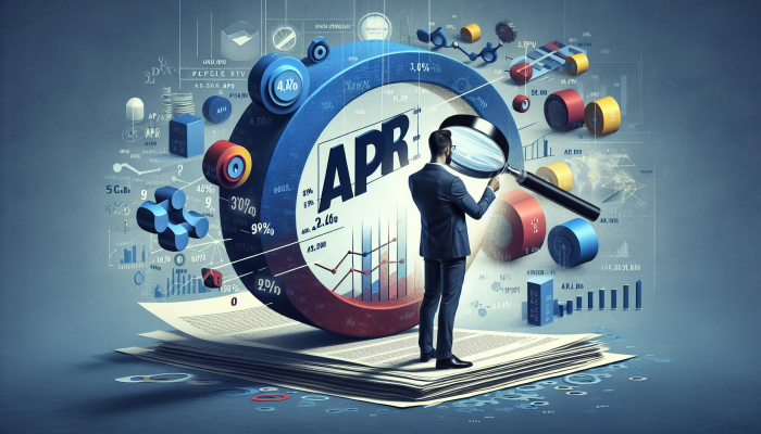 How to Compare Debt Consolidation Loan APRs: A person using a magnifying glass to scrutinise an "APR" document, surrounded by financial charts and graphs.