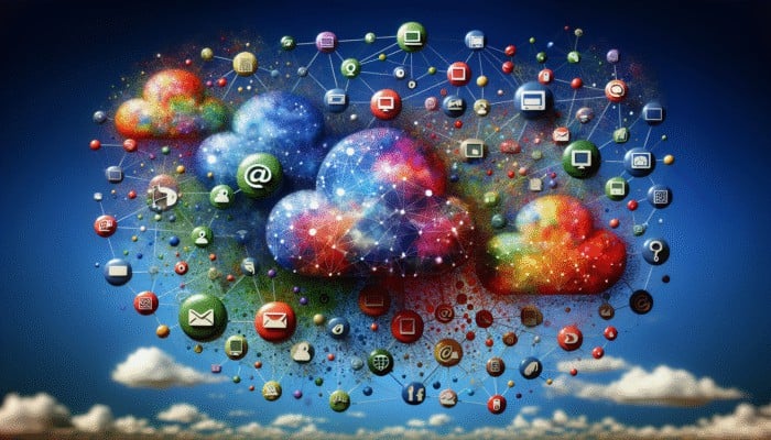 Digital Marketing Strategy: A vibrant digital network connecting websites, social media, and email for effective internet marketing.