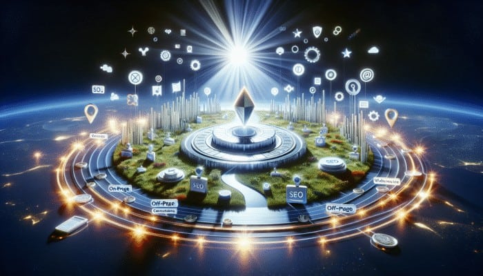 A glowing SEO cornerstone in a digital landscape, surrounded by on-page, off-page, and technical SEO icons, driving organic traffic to a prominent website.