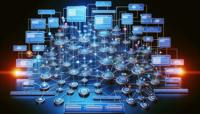A digital blueprint showing website hierarchy, internal links, and sitemap optimized for speed and mobile devices.