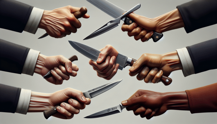 Knife Safety Rules: Hands demonstrating different knife grips: firm handle grip, pinch grip on chef's knife, relaxed hold on paring knife.