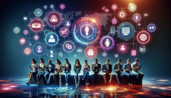 Digital Customer Experience: Diverse group using digital devices with personalized holograms, vibrant digital landscape background.