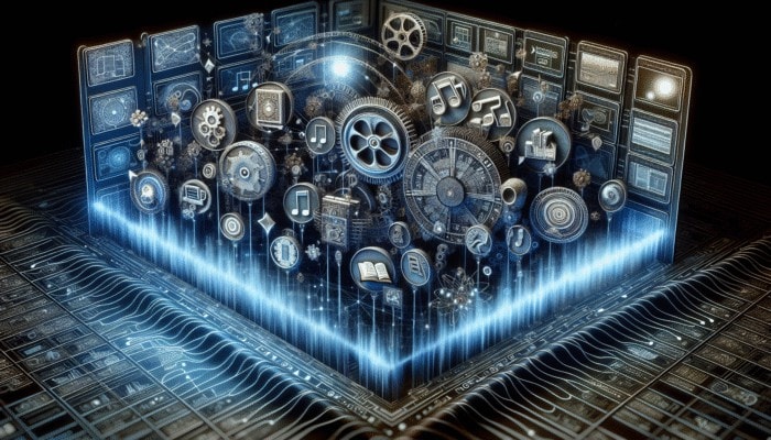 A digital interface showing personalized recommendations for movies, books, and music, with data streams and analytics in the background.