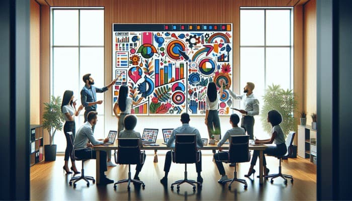 A digital marketing team strategizing over a colorful content calendar in a modern office.