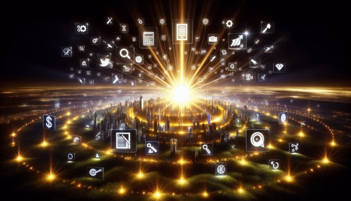 Internet Marketing Agencies: A glowing website surrounded by SEO elements like keywords, backlinks, and search engine icons enhancing visibility.