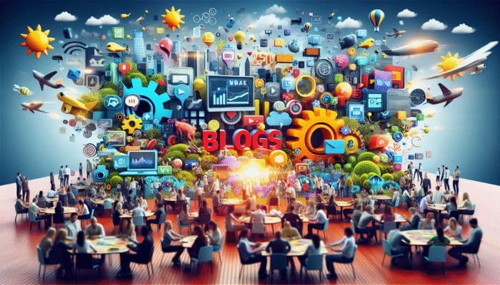 A vibrant scene of digital marketing with blogs, videos, and infographics engaging an audience, symbolizing trust and authority.