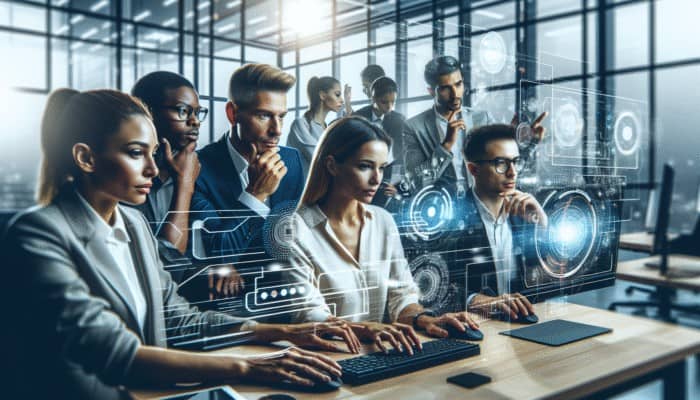 A dynamic digital marketing team collaborating in a modern office, focused on screens and charts.