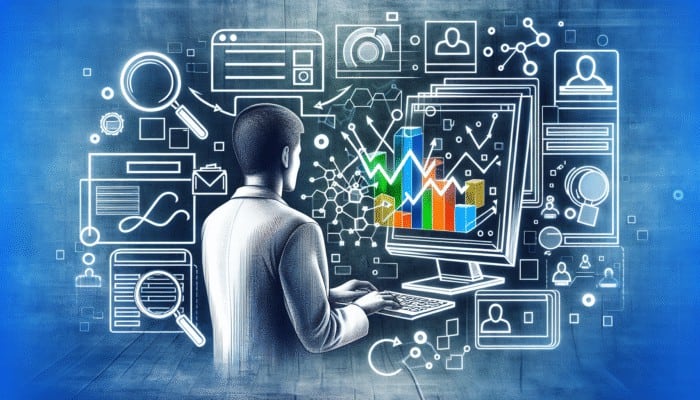 Digital Marketing Services: Person using Google Keyword Planner and SEMrush on a computer, analyzing graphs and keywords for effective audience targeting.