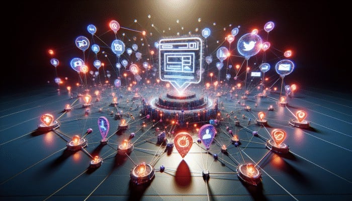 A glowing website at the center of a digital landscape, connected by nodes representing backlinks and surrounded by pulsing social media icons.